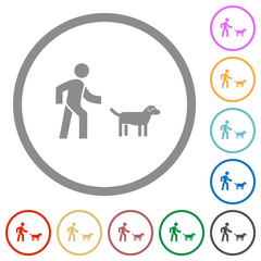 Dog walking flat icons with outlines