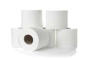 Rolls of toilet paper on white background