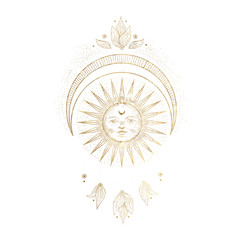 chic golden luxurious retro vintage engraving style. image of the sun and moon phases. culture of occultism. Vector graphics