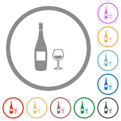 Wine bottle and glass flat icons with outlines
