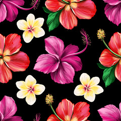 Floral digital pattern with Hibiscus on black background. Seamless summer tropical fabric design. Hand drawn illustration