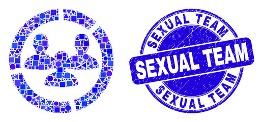 Geometric social pie chart mosaic icon and Sexual Team seal stamp. Blue vector rounded scratched seal stamp with Sexual Team title. Abstract collage of social pie chart created of spheric, triangles,