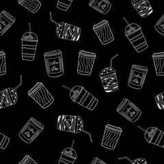 White doodle cups of coffee on black background. Seamless hot tasty pattern. Suitable for packaging, wallpaper, banner.