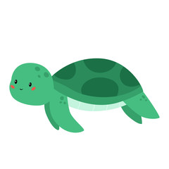 Cute kawaii green turtle isolated on white background. Vector cartoon character.