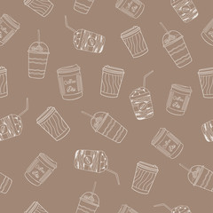White hand drawn cups of coffee to go  on beige background. Seamless food tasy pattern. Suitable for packaging, textile.