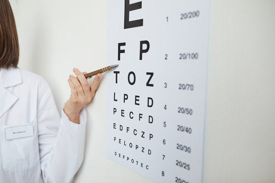 Close up of female hand pointing at eye chart with Latin letters during eyesight test in ophthalmology clinic, copy space