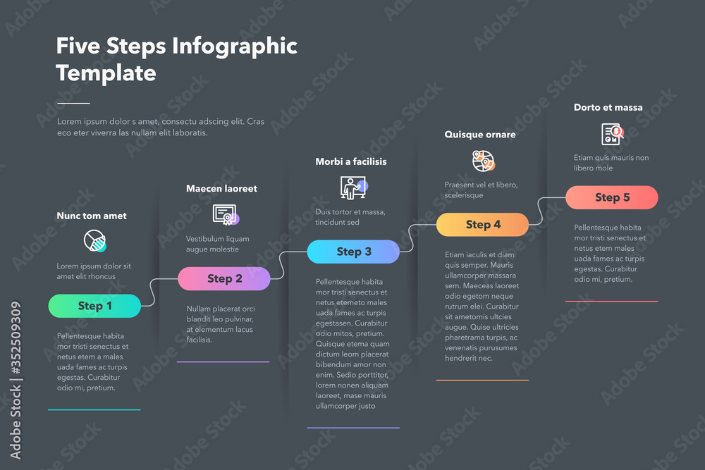 Poster Modern business progress infographic template with five successive steps - dark version. Easy to use for your website or presentation.
