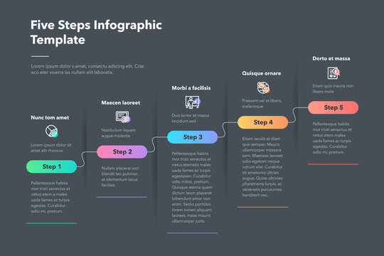 Modern business progress infographic template with five successive steps - dark version. Easy to use for your website or presentation.