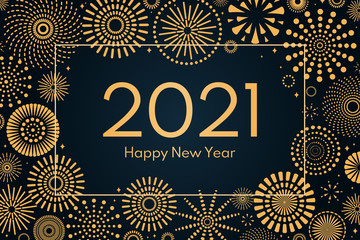 Vector illustration with bright golden fireworks frame on a dark blue background, text 2021 Happy New Year. Flat style design. Concept for holiday celebration, greeting card, poster, banner, flyer.