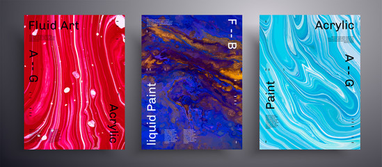 Abstract acrylic placard, fluid art vector texture set. Artistic background that applicable for design cover, poster, brochure and etc. Red, blue and golden creative iridescent artwork