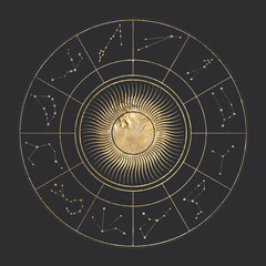 chic golden luxurious retro vintage engraving style. image of the sun and moon phases. culture of occultism. Vector graphics