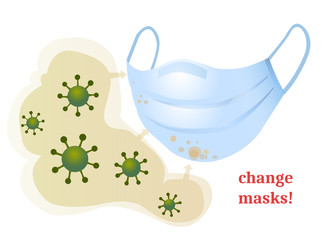 Change disposable masks on time. Virus cells on face mask