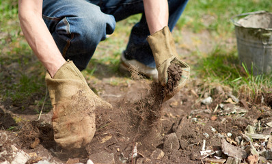 Close up shot hands in gloves in greenhouse holding soil. Gardening and building concept.