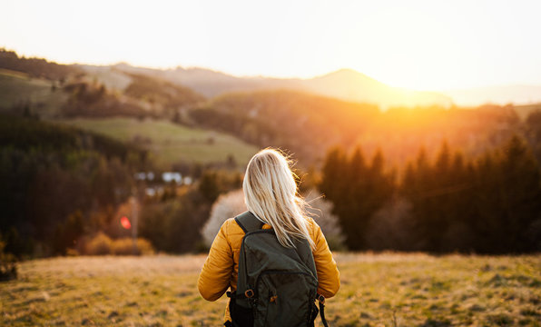 Rear view of senior woman walking outdoors in nature at sunset, hiking.