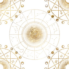 chic golden luxurious retro vintage engraving style. image of the sun and moon phases. culture of occultism. Vector graphics