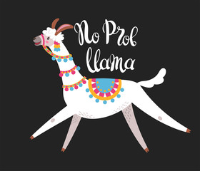 Illustration with llama, composition on black. Vector doodle elements. Greeting card with Alpaca. No prob lama.