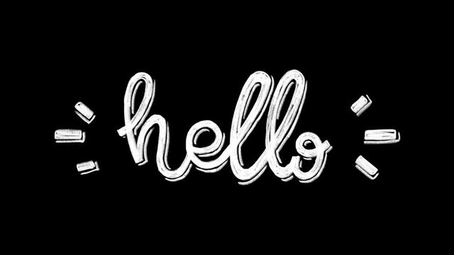 Animated phrase Hello. Moving hand drawn text message. HD 2d cel loop able animation of white lettering text.