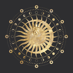 chic golden luxurious retro vintage engraving style. image of the sun and moon phases. culture of occultism. Vector graphics