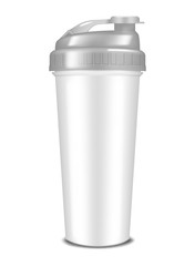 Shaker bottle with screw lid and flip cap, realistic vector mockup. White blank sport protein shake blender cup, mock-up