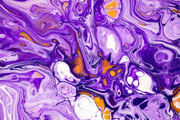 Fluid art texture. Abstract backdrop with swirling paint effect. Liquid acrylic picture that flows and splashes. Mixed paints for background or poster. Violet, white and golden overflowing colors