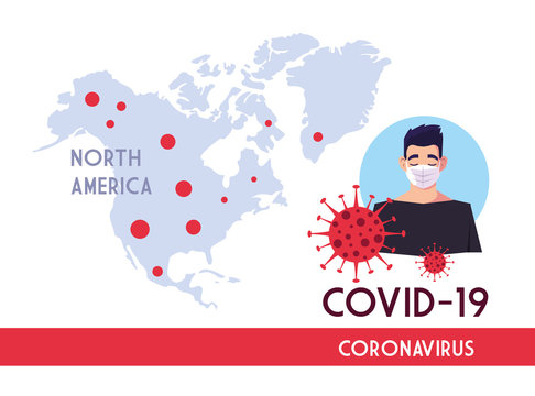 Man With Mask And North America Map With Covid 19 Virus Vector Design