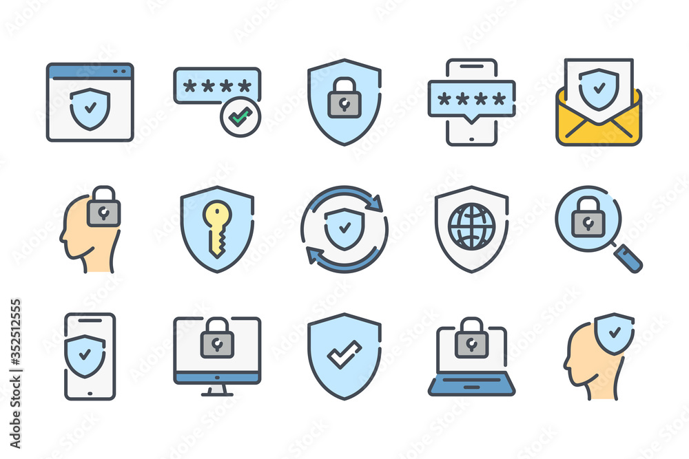 Poster cybersecurity and data protection related color line icon set. protection of personal information co