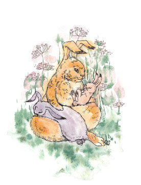 watercolor cartoon family hares orange pink and purple rabbits. caring mother cradles sleeping daughter and son. The nanny is looking after raising children. Beloved grandmother. Lullaby for animals