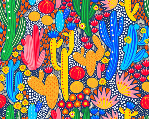 Vector seamless pattern with cactus on black and white geometric background. Summer plants, flowers and leaves. Natural floral bright design. Botanical illustration. © monamonash