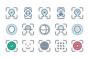 Face Identification, Scanner and Recognition related color line icon set. Technology Scan Access Protection colorful linear icons. Biometric Authentication flat color outline vector sign collection.