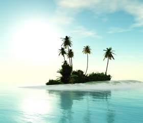 Island with palm trees in the tropics of the middle of the ocean, 3D rendering