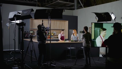 WIDE Behind the scenes of studio set, shooting TV television cooking show featuring celebrity chef,...