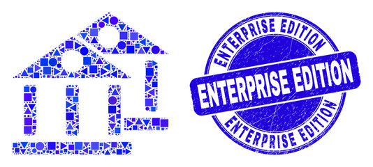 Obraz premium Geometric museum buildings mosaic icon and Enterprise Edition watermark. Blue vector round scratched watermark with Enterprise Edition title. Abstract mosaic of museum buildings designed of round,