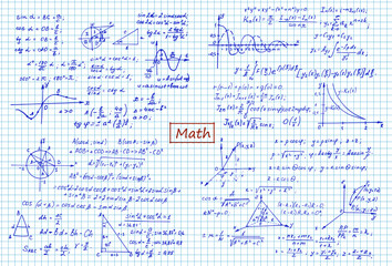 Vintage education and scientific background. Set from math law theory, formulas and equations on notebool page. 
