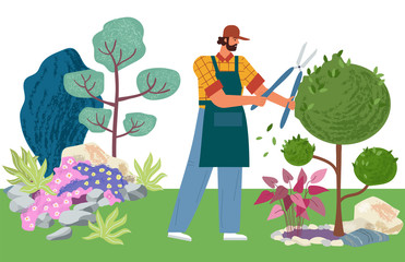 Gardener cuts a tree. Pruning bushes and garden maintenance vector illustration. Man cuts the leaves on landscape design background.