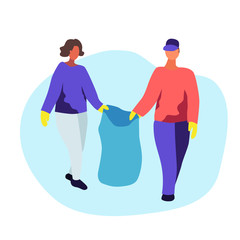 Volunteers collect garbage. A woman and a man carry a bag of waste. The image is isolated on a white background. Flat vector illustration.