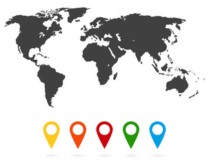 World map with collection of 3D pointers