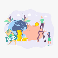 People put coins into a big piggy bank in the form of a piglet on a light background, financial services, small bankers do work, save or accumulate money. Colorful vector illustration