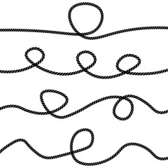 Set of different ropes. String, jute, thread, cord and twisted rope knots. Nautical yellow rope woven symbol. Template design for decoration and covering. Vector illustration