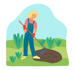 Garden work. A young woman is working in the garden, raking the ground. Flat vector illustration.