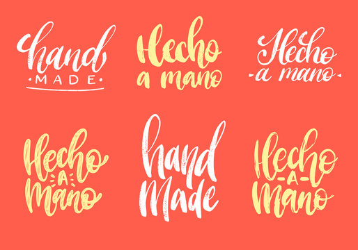 Set of Hecho A Mano calligraphy, spanish translation of Handmade phrase. Hand lettering in vector.