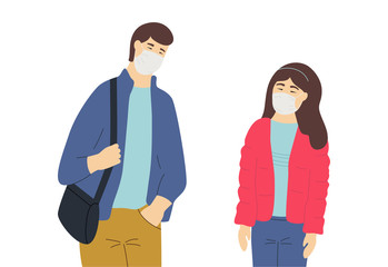 People Wearing medical masks. Coronavirus quarantine in China. Young trendy asian people. People flat vector characters set isolated on a white background. Wuhan Virus epidemy in China.