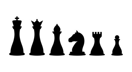 Set of named chess piece vector icons in black silhouettes on white showing the king queen rook bishop knight and pawn.