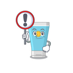 A cartoon icon of sunblock cream with a exclamation sign board