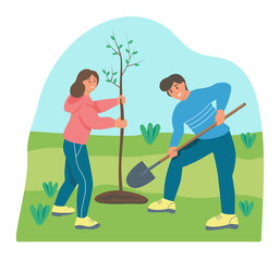 Gardening on the farm. A young man and woman work in the garden, farmers plant a tree. Flat cartoon vector illustration.