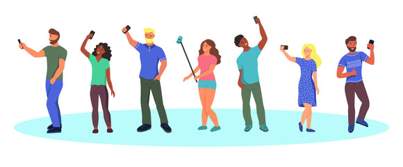 Young people in summer clothes take selfies. Men and women with mobile phones and selfie sticks. Characters isolated on a white background. Flat cartoon vector illustration.