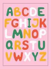 Hand-drawn cute English alphabet. Green, yellow, red and white letters on a pink background. Vector illustration.