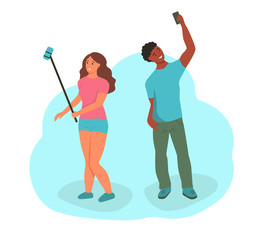 Young people in summer clothes take selfies. A couple in love with mobile phones. Flat cartoon vector illustration.