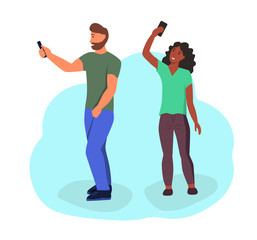 Young people in summer clothes take selfies. A couple in love with mobile phones. Flat cartoon vector illustration.