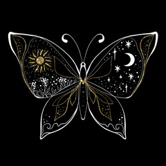 Fototapeta na wymiar Magic glitter medieval sun and moon on butterfly tattoo and t-shirt design. Alchemical symbol of the sun, moon phase
