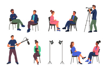Recording a journalistic interview in the Studio. People sit on chairs, a videographer, a man holding a microphone, spotlights. Flat cartoon vector illustration.
